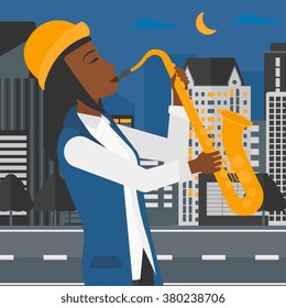 Woman playing saxophone.