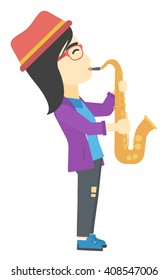 Woman playing saxophone.