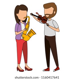 woman playing saxophone and man playing fiddle