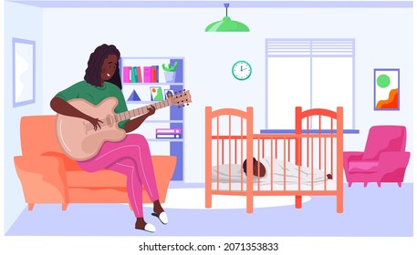 Woman playing and singing. Mom singing lullaby to baby at night and helps him to sleep. Musician creates music. Mother playing guitar. Family rest together at home. Guitarist composes songs