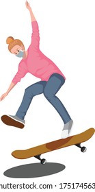 A woman playing skateboard while using medical mask illustration