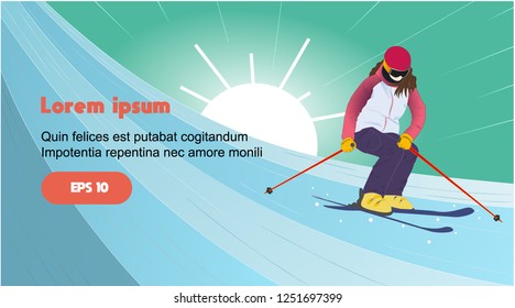 Woman is playing ski in the mountain in the sunny day