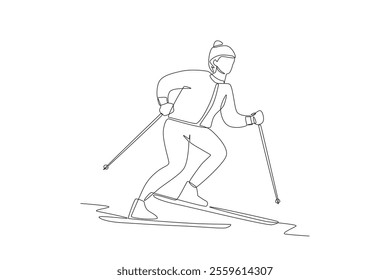 Woman playing skiing. Winter sport concept one-line drawing