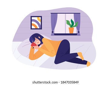 Woman playing smartphone lying on the bed. Illustration of a person using a cell phone indoors.