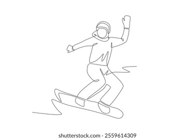 Woman playing snowboard. Winter sport concept one-line drawing