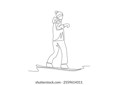 Woman playing snowboard. Winter sport concept one-line drawing