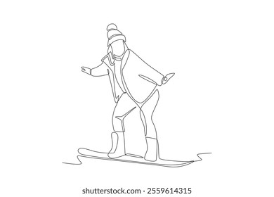 Woman playing snowboard. Winter sport concept one-line drawing