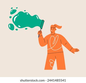 Woman playing soap bubbles. Colorful vector illustration
