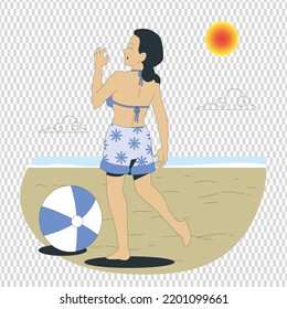 woman playing soccer on the beach - Football in sand on summertime - Tourists having fun on vacation with beach games. girl playing football in sea beach with sun vector illustration