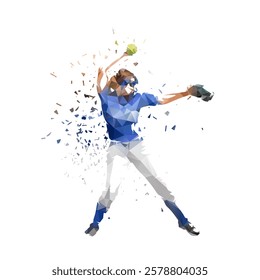 Woman playing softball, women's team sport, isolated low poly vector illustration. Dispersion effect