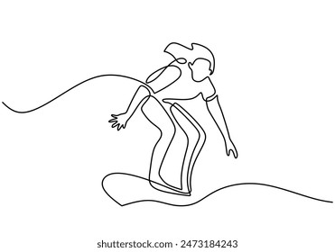 Woman playing surfboard on beach continuous line drawing. Sport and adventure concept. Vector illustration minimalist design hand drawn.