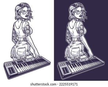 Woman playing synthesizer monochrome sticker with generation Z girl in summer clothes with cocky tattoo and musical instrument vector illustration