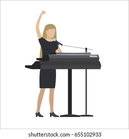 Woman playing a synthesizer in musical group vector illustration isolated on white. Lady singer in black dress perform on electronic musical instrument