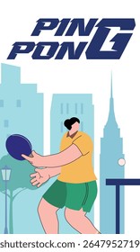Woman playing table tennis in the park, background contours of the city, houses trees. Poster for the ping pong championship, school sports, training in small tennis, sports activity, racket sports