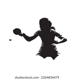 Mujer jugando al ping pong, ping pong aislado silueta vectorial, dibujo de tinta, vista frontal