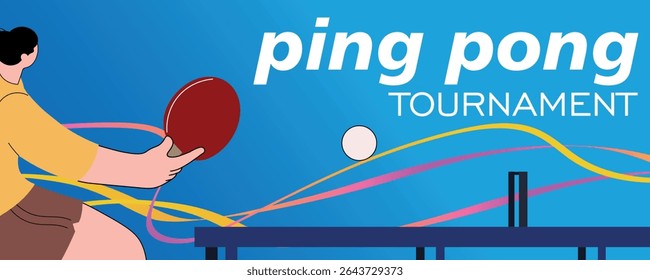 Woman playing table tennis, vector illustration, championship banner. Flat design poster tennis club, ping pong training, racket, tennis table, racket sport