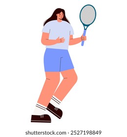 Woman playing tenis vector flat illustration. Femalen character holding racket. Sportswoman concept.