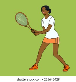 woman playing tennis, cute smile, vector illustration