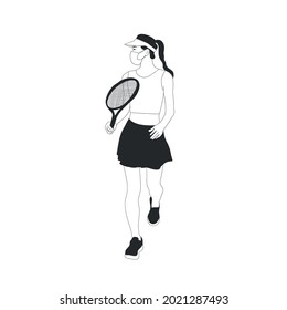 Woman playing tennis. Girl in sports uniform with tennis racket. Hand drawn flat female character isolated on white background. 