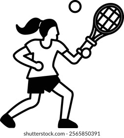 A woman is playing tennis with a racket and a ball. She is running and swinging the racket to hit the ball