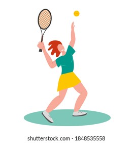  Woman playing tennis with racketand ball. Flat vector isolated illustration. Woman action character isolated on white. Poster, banner design.