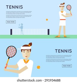 Woman playing tennis.Sport competitions. 2 banners. Flat design vector illustration.