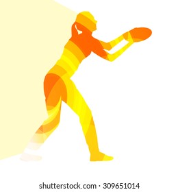 Woman playing throwing flying disc silhouette illustration vector background colorful concept made of transparent curved shapes