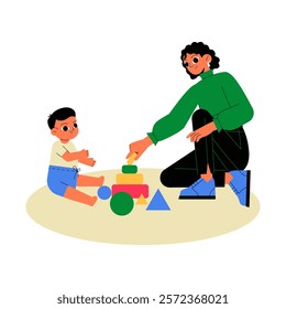 Woman Playing With A Toddler And Building Blocks In Flat Vector Illustration Symbolizing Early Learning, Bonding, And Child Development, Isolated On White Background.