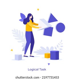 Woman playing with toy building blocks. Concept of logical task, logic puzzle, analytical reasoning and thinking, intelligent problem solving. Modern flat colorful vector illustration for banner.