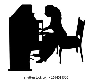 Woman playing upright piano silhouette illustration