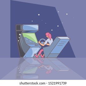 woman playing in video game console of coins with car wheel vector illustration design