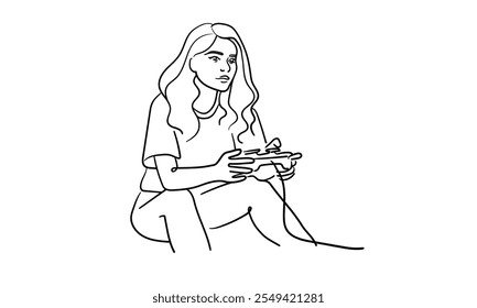 Woman playing video game, continuous line art drawing isolated on white background. Game console. Vector illustration