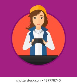 Woman playing video game on the television. Tired gamer sitting on the couch with console in hands. Concept of addiction to games. Vector flat design illustration in the circle isolated on background.