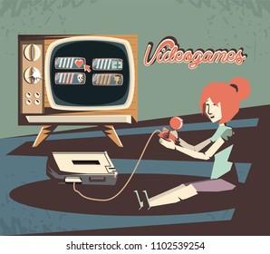 woman playing video game retro