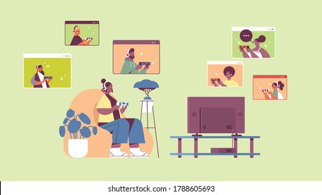 woman playing video games on tv with mix race friends in web browser windows during virtual conference horizontal full length vector illustration