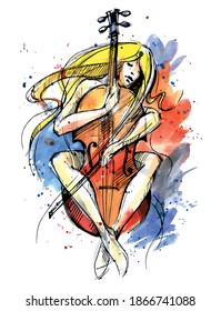 Woman playing the viola. Passion for music. Musical instrument in the hands of a blonde