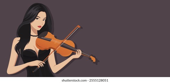 Woman playing violin with elegance in dark dress. Vector illustration