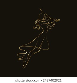 Woman playing violin. Line art. Violin player. Female violinist. Musical instrument. The girl plays the violin. Glowing gold line. Isolated on black. Vector illustration. Music performance. Concert.
