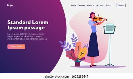 Woman playing violin. Musician, performer, musical instrument. Flat vector illustrations. Concert, classical music, melody concept for banner, website design or landing web page