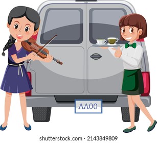Woman playing violin and serving coffee illustration