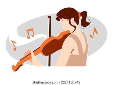 woman playing the violin sweetly. with the song note icon. suitable for theme music, orchestra, art, musical instruments, etc. flat vector illustration