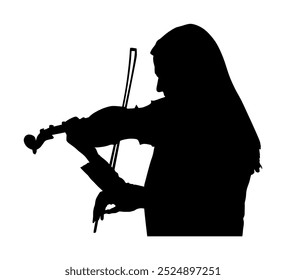 Mulher tocando violino vetor silhueta ilustração isolado no branco. Música clássica de senhora performer concerto. Músico artista diversão public.Girl violino virtuoso. Elegante bonito feminino forma sombra