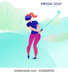 Woman playing virtual gold in augmented reality glasses cartoon vector illustration