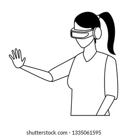 Woman playing virtual reality glasses in black and white