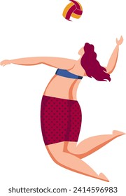 Woman playing volleyball in action pose. Female athlete hitting ball, sports uniform. Summer sports and beach volleyball concept vector illustration.