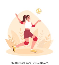 Woman playing volleyball concept. Young smiling girl in protective knee pads and elbow pads hits ball with her hand. Sports competitions or active lifestyle. Cartoon flat vector illustration