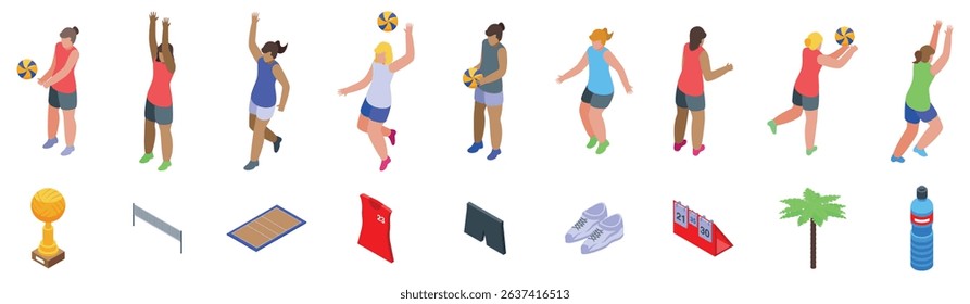 Woman playing volleyball icons set. Women athletes playing volleyball, performing various actions like serving, receiving, jumping, and diving, showcasing the dynamics of beach volleyball