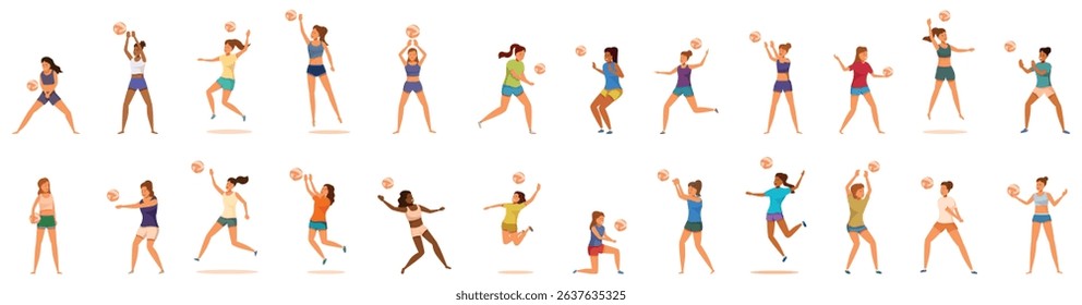  Woman playing volleyball icons set. Diverse group of women athletes playing beach volleyball, showcasing various actions like serving, receiving, setting, spiking, and blocking