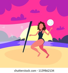 woman playing volleyball sunset beach background female sport activity cartoon character full length flat vector illustration