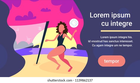 woman playing volleyball sunset beach background female sport activity cartoon character full length horizontal copy space flat vector illustration